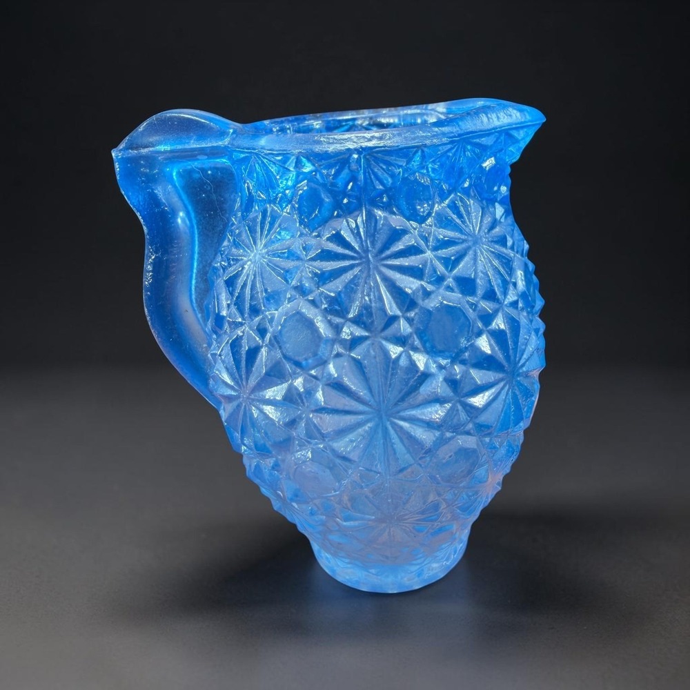 Miniature Blue Frosted Glass Pitcher Daisy and Button Pattern Small Creamer 2.5"